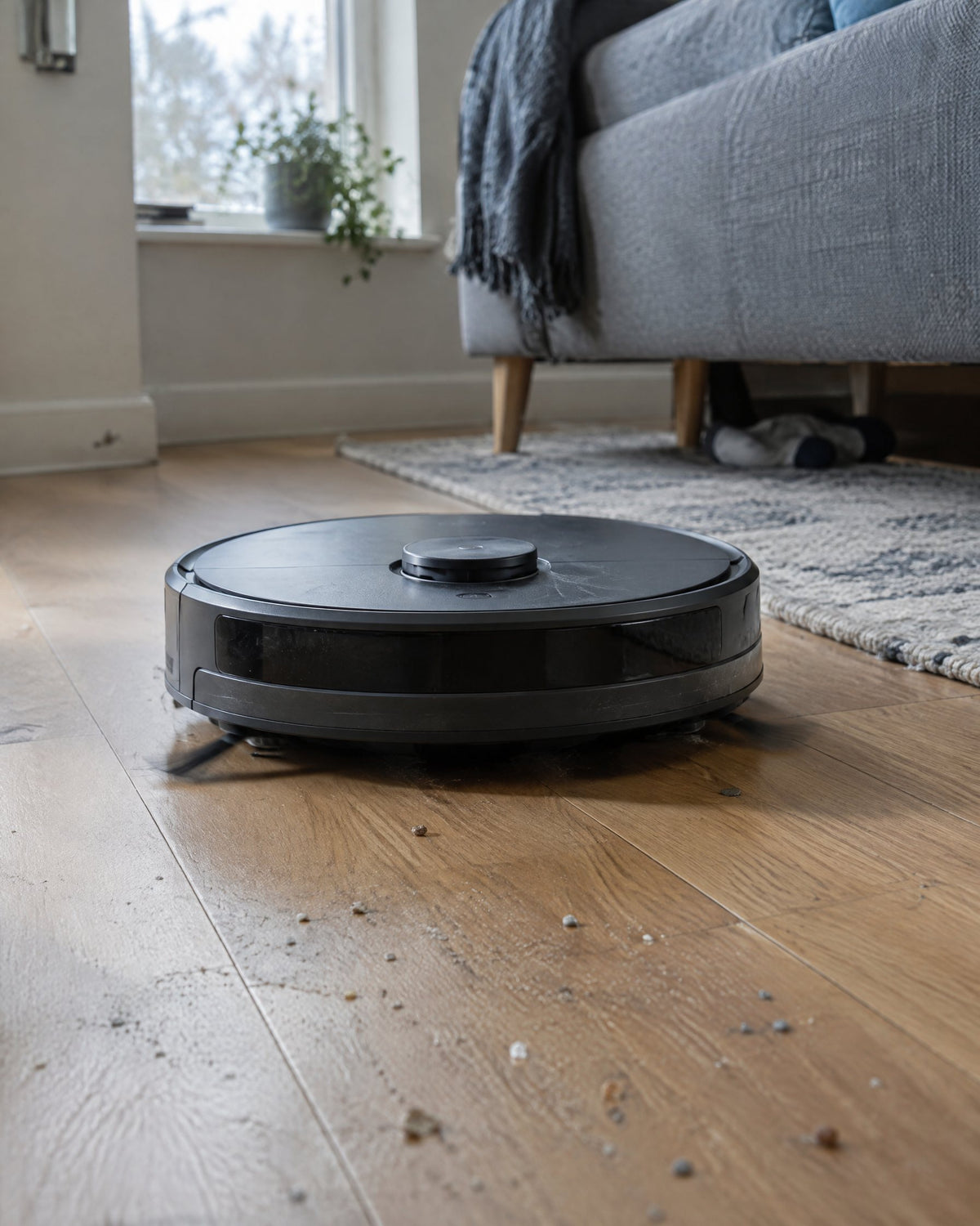 Robot vacuum cleaning a living room floor